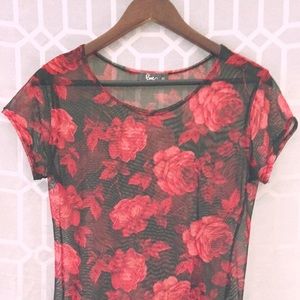 See through black and red floral dress